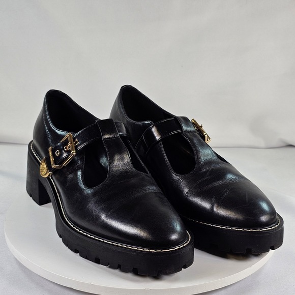 Vince Camuto Shoes - Vince Camuto Black Leather T-Strap Lug Sole Mary Jane Heels Size 8.5M